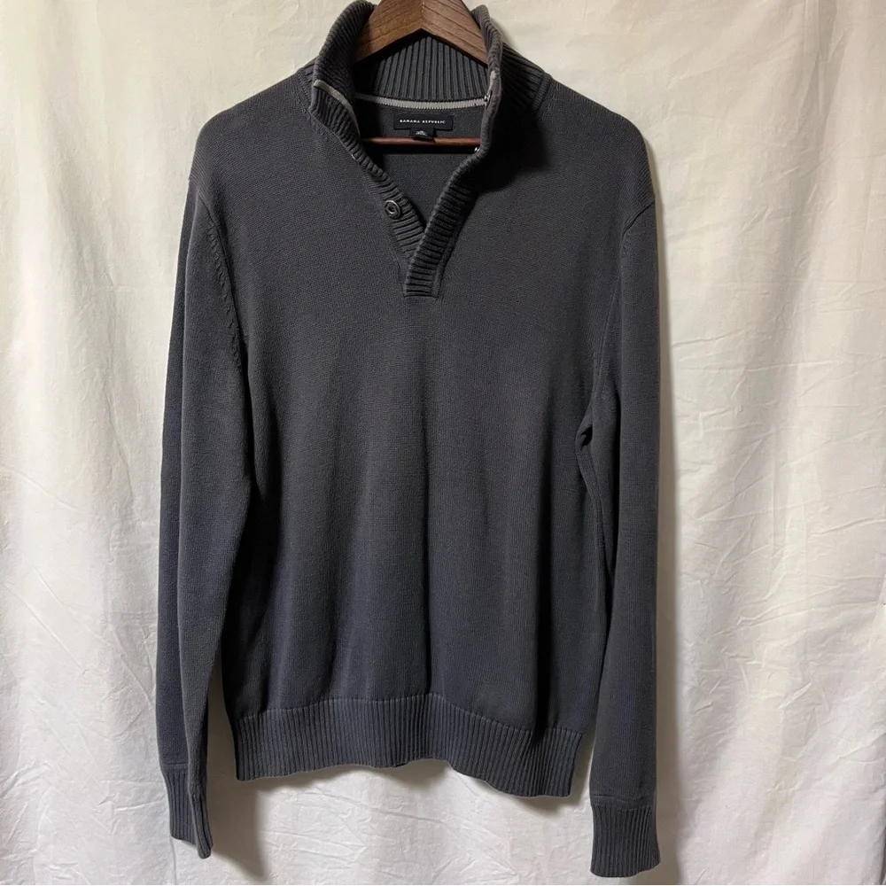 Banana Republic Mens Sz M Gray 100% Cotton Sweater Quarter Snap Button Mock Neck